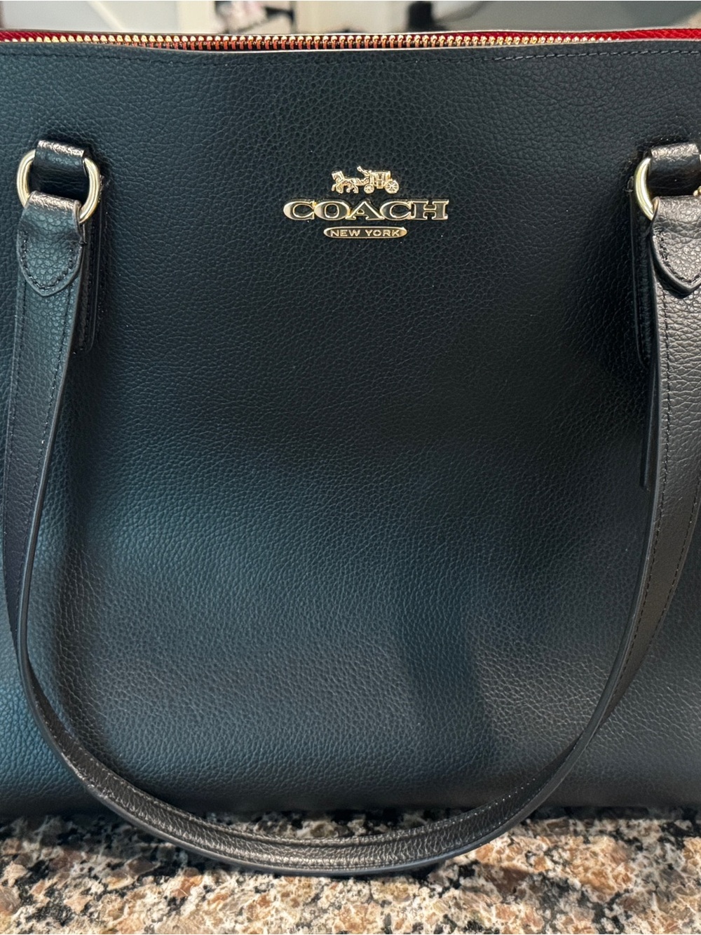Coach Black Leather Tote with Gold Logo and Red Zip Trim